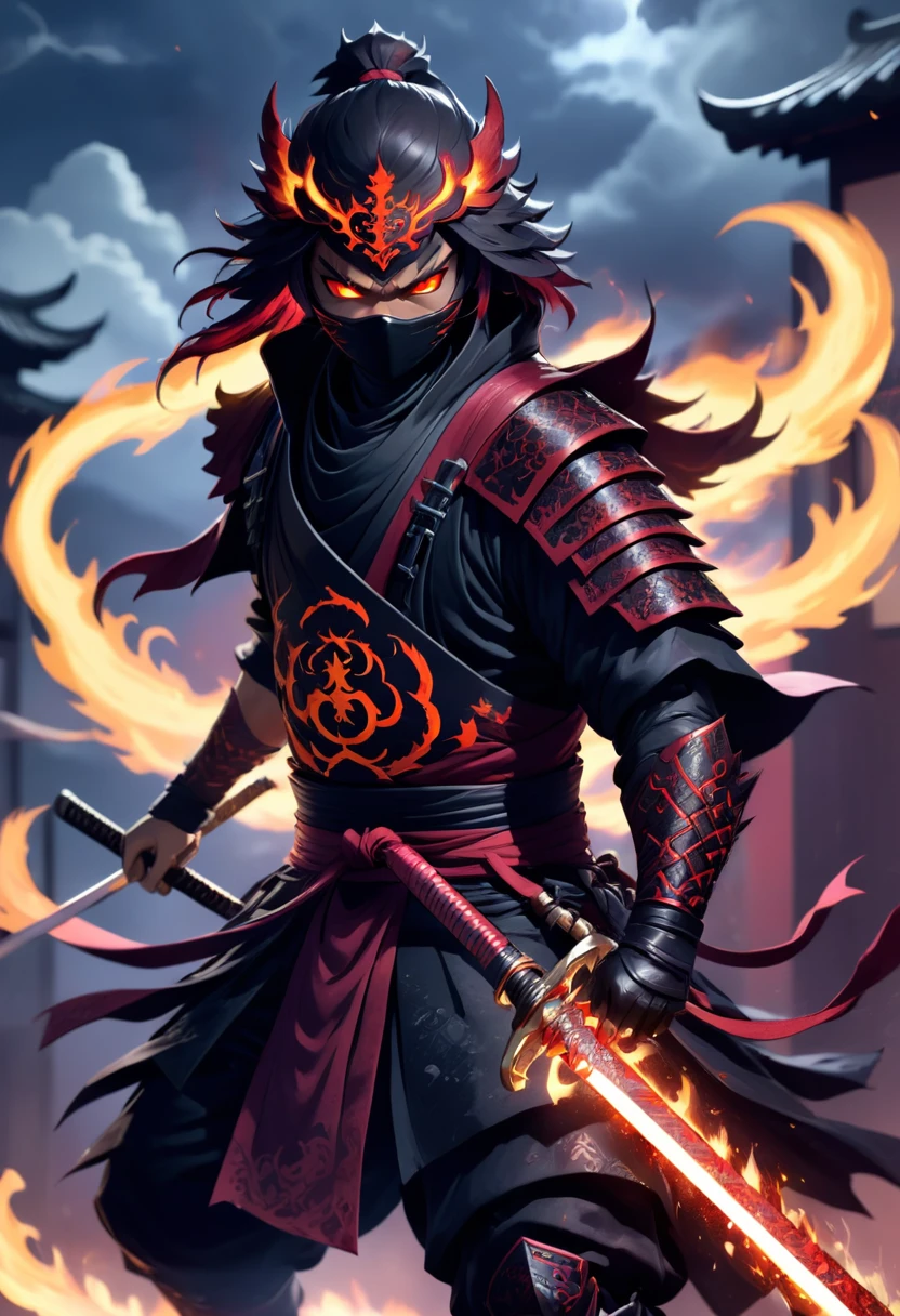 A striking illustration of a demonic ninja wielding a fiery, blood-stained ninja sword. The ninja is cloaked in dark red and black armor with intricate metallic designs, and his eyes glow menacingly. An intense fire surrounds his body, and a flaming serrated sword is prominently featured. The background is a dark and stormy night, creating a sense of danger and intensity. The overall ambiance of the image is dark and mysterious, with a touch of supernatural elements.
