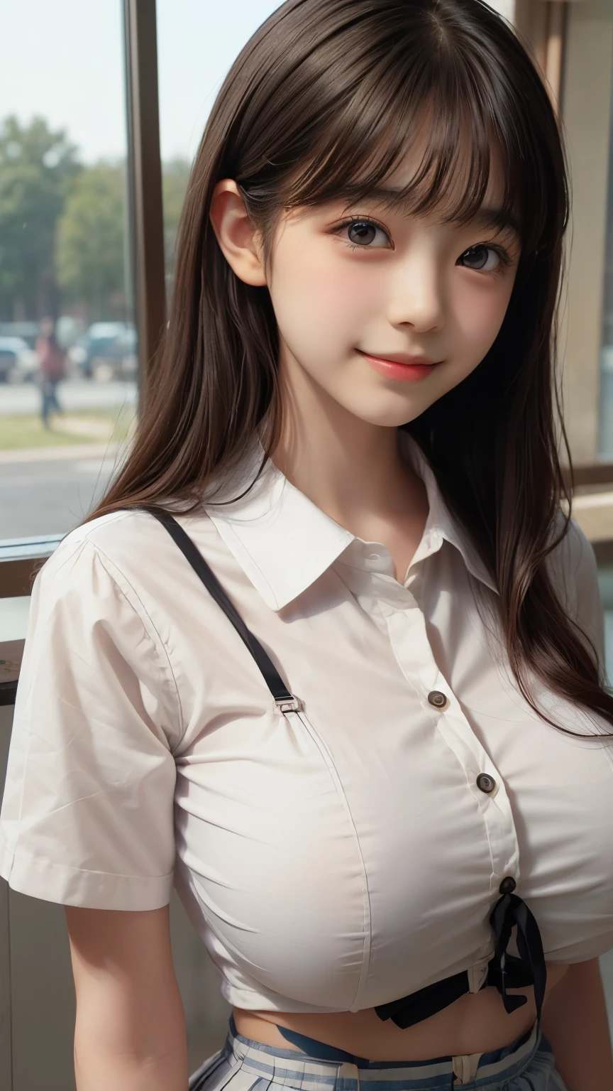 ((SFW: 1.4)), ((SFW, , Collared shirt, White shirt, Short sleeve, tie, Short skirt, smile, at school, 1 girl)),(God-level style:1.48)、 (Huge breasts:1.6)、Ultra-high resolution, (Genuine: 1.4), RAW Photos, Highest quality, (photoGenuineistic), concentrated ,Soft Light,(()),((Japanese)),(((Young Face))),(surface),(Depth of written boundary),masterpiece,(PhotoGenuine),woman,bangs,( (1 girl)