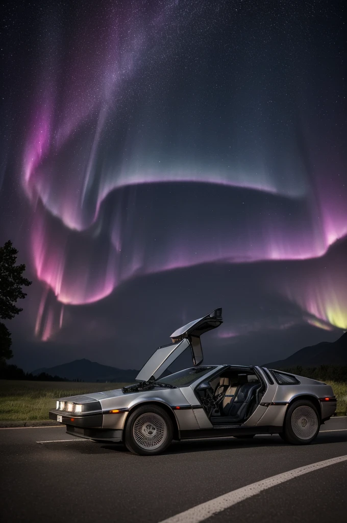 ((best qualityer)), ((work of art)), (detailded),
1 DeLorean stops on the side of the road at night with the driver wearing a t-shirt and black shorts with a map in both hands asking for information from two extraterrestrials with their spaceship parked in front of the DeLorean in the sky there is purple aurora borealis