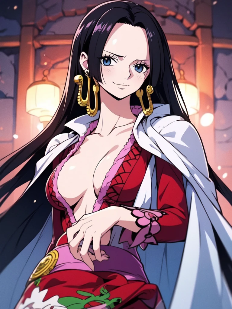 Masterpiece, Boa Hancock from One Piece, detailed face, beautiful blue eyes, small smile, wears earrings; , , loose and stylized hair, long beautiful hair, wears Boa Hancock earrings, (wears a red dress), (wears a white cape), has ,  abdomen, battle pose. The art style should resemble a captivating anime style. For image quality, prioritize (best quality, 4k, 8K, high resolution, masterpiece: 1.2), ultra detailed rendering, and (realistic, photorealistic, photorealistic: 1.37). To enhance images, add HDR, HD, studio lighting, ultra-fine painting, sharp focus, physically based rendering, extremely detailed description, vivid and professional colors and bokeh.