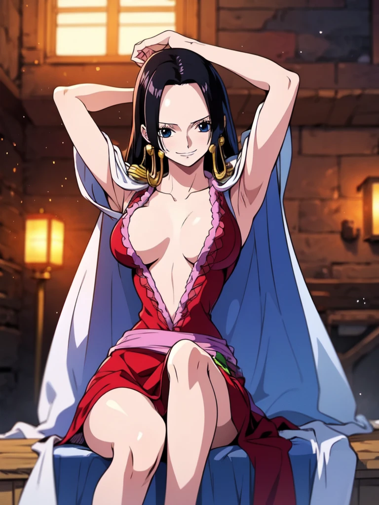 Masterpiece, Boa Hancock from One Piece, detailed face, beautiful blue eyes, small smile, wears earrings; big breasts, cleavage, loose and stylized hair, long beautiful hair, wears Boa Hancock earrings, (wears a red dress), (wears a white cape), has cleavage, bare abdomen, battle pose. The art style should resemble a captivating anime style. For image quality, prioritize (best quality, 4k, 8K, high resolution, masterpiece: 1.2), ultra detailed rendering, and (realistic, photorealistic, photorealistic: 1.37). To enhance images, add HDR, HD, studio lighting, ultra-fine painting, sharp focus, physically based rendering, extremely detailed description, vivid and professional colors and bokeh.