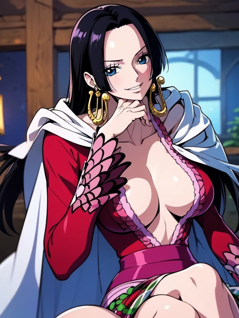 Masterpiece, Boa Hancock from One Piece, detailed face, beautiful blue eyes, small smile, wears earrings; big breasts, cleavage, loose and stylized hair, long beautiful hair, wears Boa Hancock earrings, (wears a red dress), (wears a white cape), has cleavage,  abdomen, battle pose. The art style should resemble a captivating anime style. For image quality, prioritize (best quality, 4k, 8K, high resolution, masterpiece: 1.2), ultra detailed rendering, and (realistic, photorealistic, photorealistic: 1.37). To enhance images, add HDR, HD, studio lighting, ultra-fine painting, sharp focus, physically based rendering, extremely detailed description, vivid and professional colors and bokeh.
