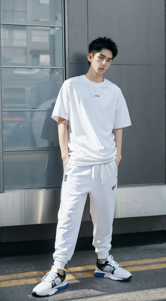 (8K, RAW photogr, quality, tmasterpiece: 1.2), hyper-detailing, Hyper-Resolution, (of a real, real photograph: 1.37), Solid white T-shirt and black jogger pants, sneakers, full body 