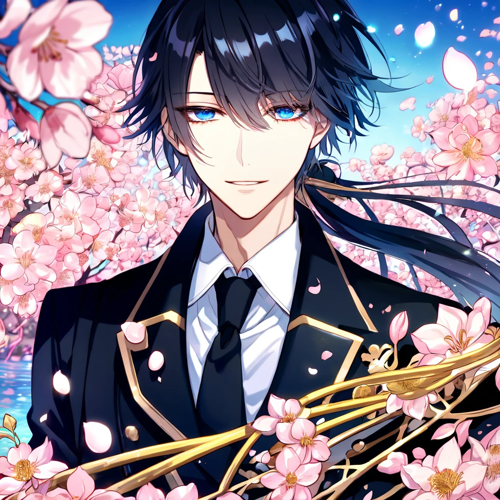 Ultra detailed, highres, absurdres, HDR, master piece, Yatogami Kuroh, black hair that is tied into a ponytail with bangs swept to left, expressivee blue eyes, black jacket with gold trimmings, white shirt, black necktie, K Project, fantasy, pink petals, water, pink flowers, handsome, sexy man, solo, magical, best quality, blossoms, handsome smile, blue shining fireflies