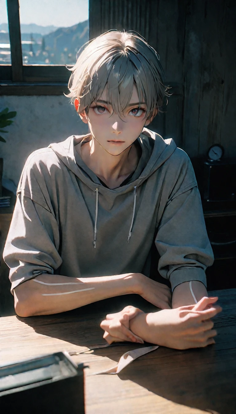 (8K, RAW photos, best quality, masterpiece: 1.4), (((Boy looking at his arm)))，Ultra-high resolution, Extremely detailed, light, closeup of arms, handsome boy, black eyes, (delicate eyes, Eyes are bright:1.2), Gray short hair, Fair skin,dark, Grey sweatshirt, sweatshirt with hood,(perfect anatomy:1.2), High-quality shadows, Natural Lighting, (White highlights:1.2), night, cloudy day, (at home:1.2), (White lines on arms:1.2)