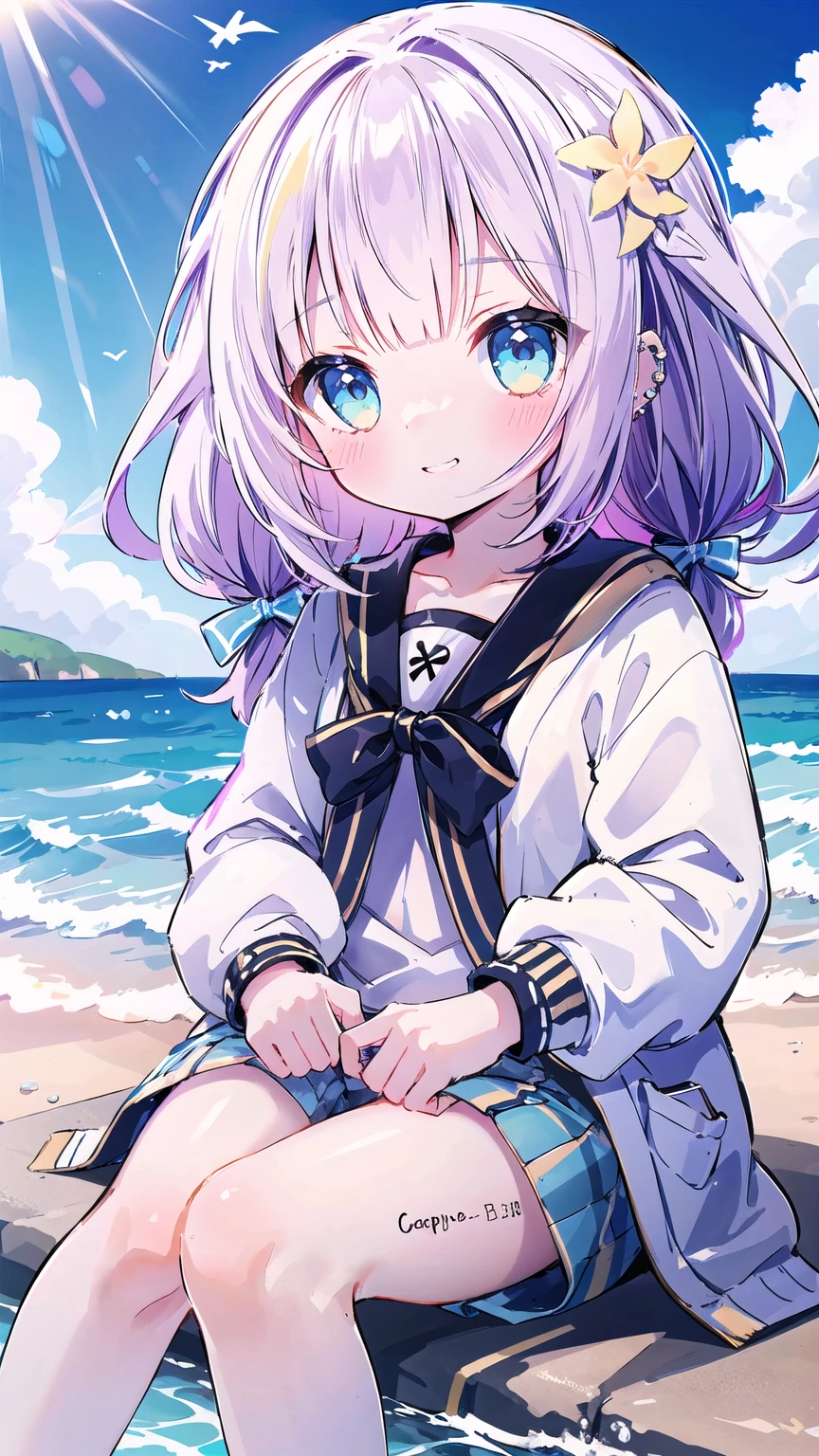 best quality, hyper detailed, highres, beach, ocean, sky, a girl, ****, necromancer, XXX-shaped, excited, shy, grinning, sitting on the floor, cross-legged, looking at viewer, side view, jitome, pale skin, fair skin, shiny skin, detailed skin, detailed face, , slender, cardigan, undone clothing, pants, piercing, blush, in the ocean, on the beach, in the sky, in the morning, kawaii, beautiful, extreme closeup shot, from front, dynamic angle, golden ratio, dappled sunlight, bright colors