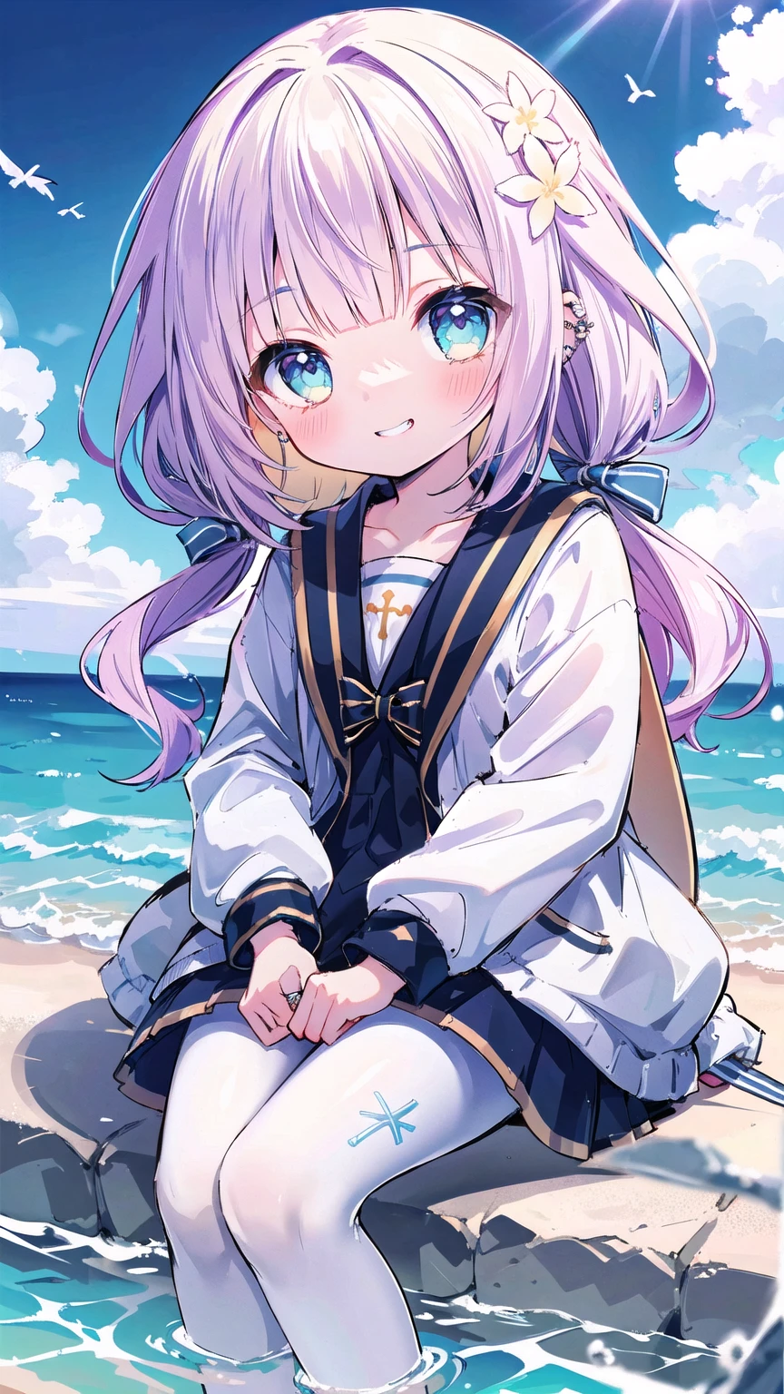 best quality, hyper detailed, highres, beach, ocean, sky, a girl, ****, necromancer, XXX-shaped, excited, shy, grinning, sitting on the floor, cross-legged, looking at viewer, side view, jitome, pale skin, fair skin, shiny skin, detailed skin, detailed face, , slender, cardigan, undone clothing, pants, piercing, blush, in the ocean, on the beach, in the sky, in the morning, kawaii, beautiful, extreme closeup shot, from front, dynamic angle, golden ratio, dappled sunlight, bright colors