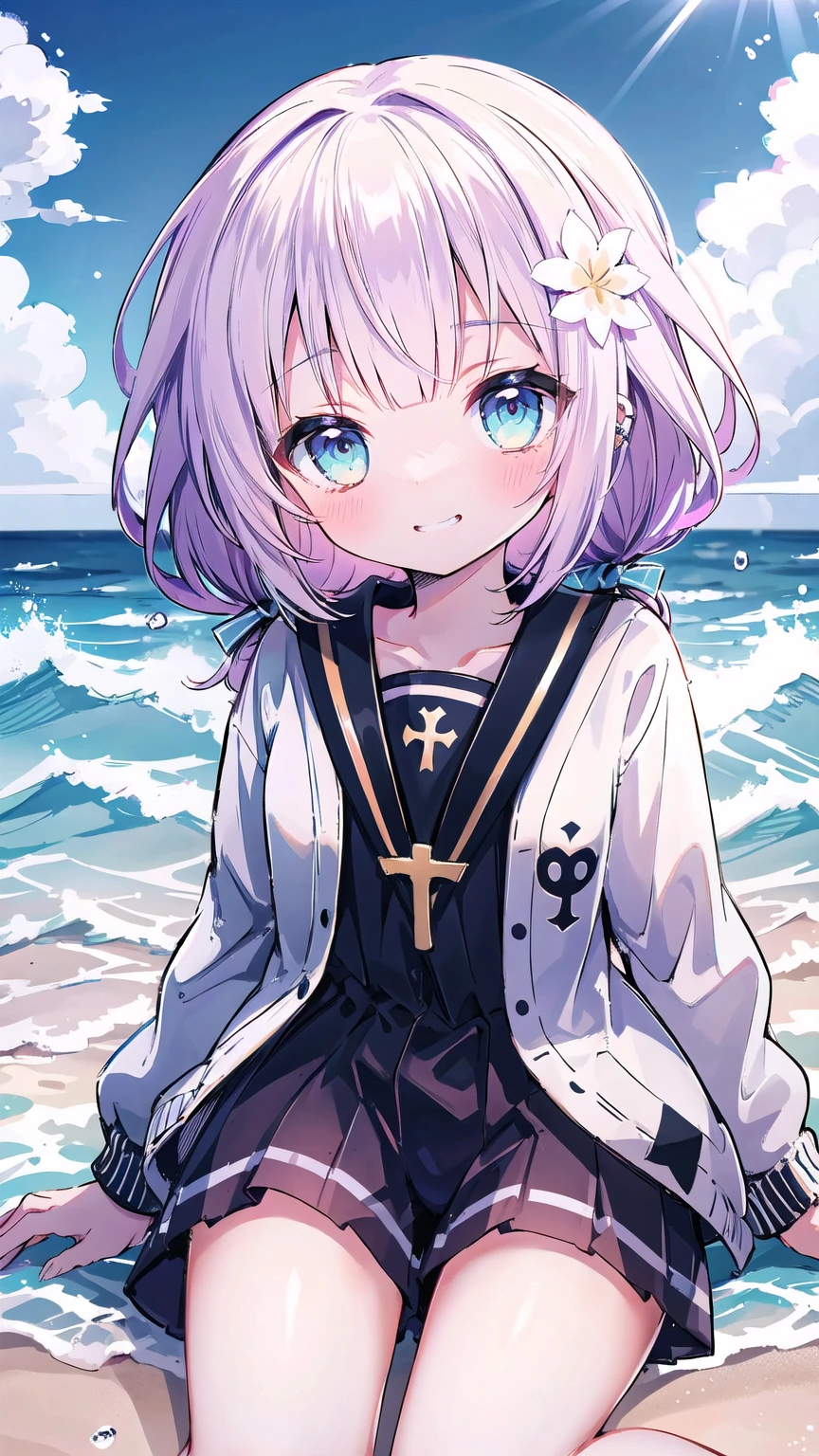 best quality, hyper detailed, highres, beach, ocean, sky, a girl, ****, necromancer, XXX-shaped, excited, shy, grinning, sitting on the floor, cross-legged, looking at viewer, side view, jitome, pale skin, fair skin, shiny skin, detailed skin, detailed face, , slender, cardigan, undone clothing, pants, piercing, blush, in the ocean, on the beach, in the sky, in the morning, kawaii, beautiful, extreme closeup shot, from front, dynamic angle, golden ratio, dappled sunlight, bright colors