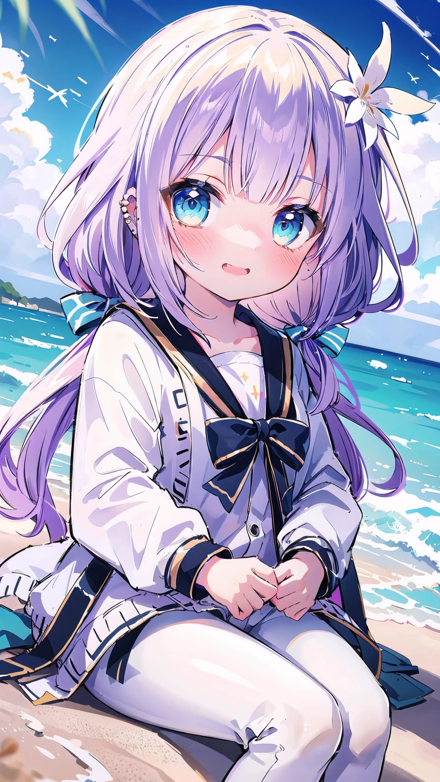 best quality, hyper detailed, highres, beach, ocean, sky, a girl, ****, necromancer, XXX-shaped, excited, shy, grinning, sitting on the floor, cross-legged, looking at viewer, side view, jitome, pale skin, fair skin, shiny skin, detailed skin, detailed face, , slender, cardigan, undone clothing, pants, piercing, blush, in the ocean, on the beach, in the sky, in the morning, kawaii, beautiful, extreme closeup shot, from front, dynamic angle, golden ratio, dappled sunlight, bright colors