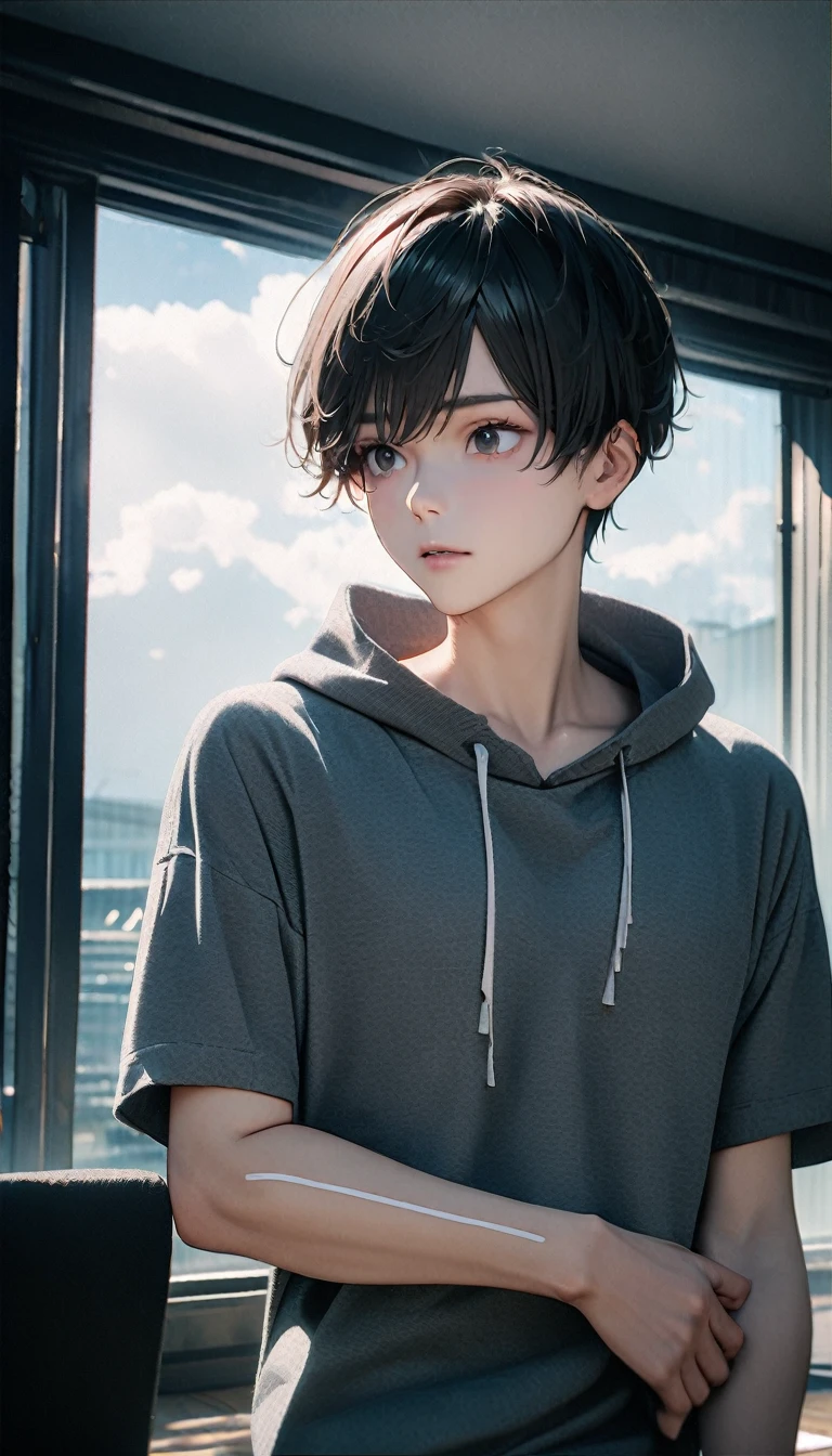 (8K, RAW photos, best quality, masterpiece: 1.4), (((Boy looking at his arm)))，Ultra-high resolution, Extremely detailed, light, closeup of arms, handsome boy, black eyes, (delicate eyes, Eyes are bright:1.2), Gray short hair, Fair skin,dark, Grey sweatshirt, sweatshirt with hood,(perfect anatomy:1.2), High-quality shadows, Natural Lighting, (White highlights:1.2), night, cloudy day, (at home:1.2), (White lines on arms:1.2)