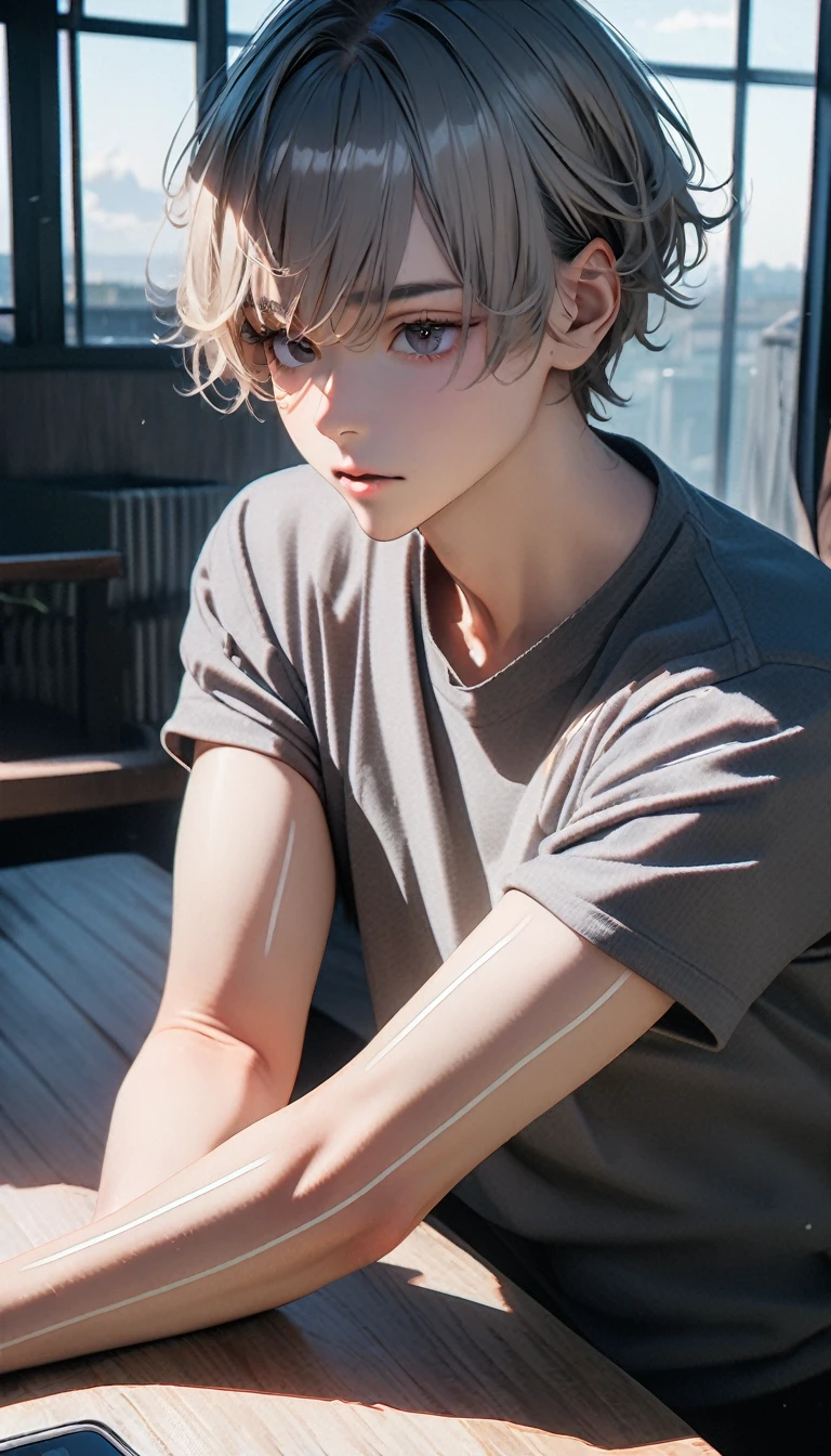 (8K, RAW photos, best quality, masterpiece: 1.4), (((Boy looking at his arm))),Ultra-high resolution, Extremely detailed, light, closeup of arms, handsome boy, black eyes, (delicate eyes, Eyes are bright:1.2), Gray short hair, Fair skin,dark, Grey sweatshirt, sweatshirt with hood,(perfect anatomy:1.2), High-quality shadows, Natural Lighting, (White highlights:1.2), night, cloudy day, (at home:1.2), (White lines on arms:1.2)