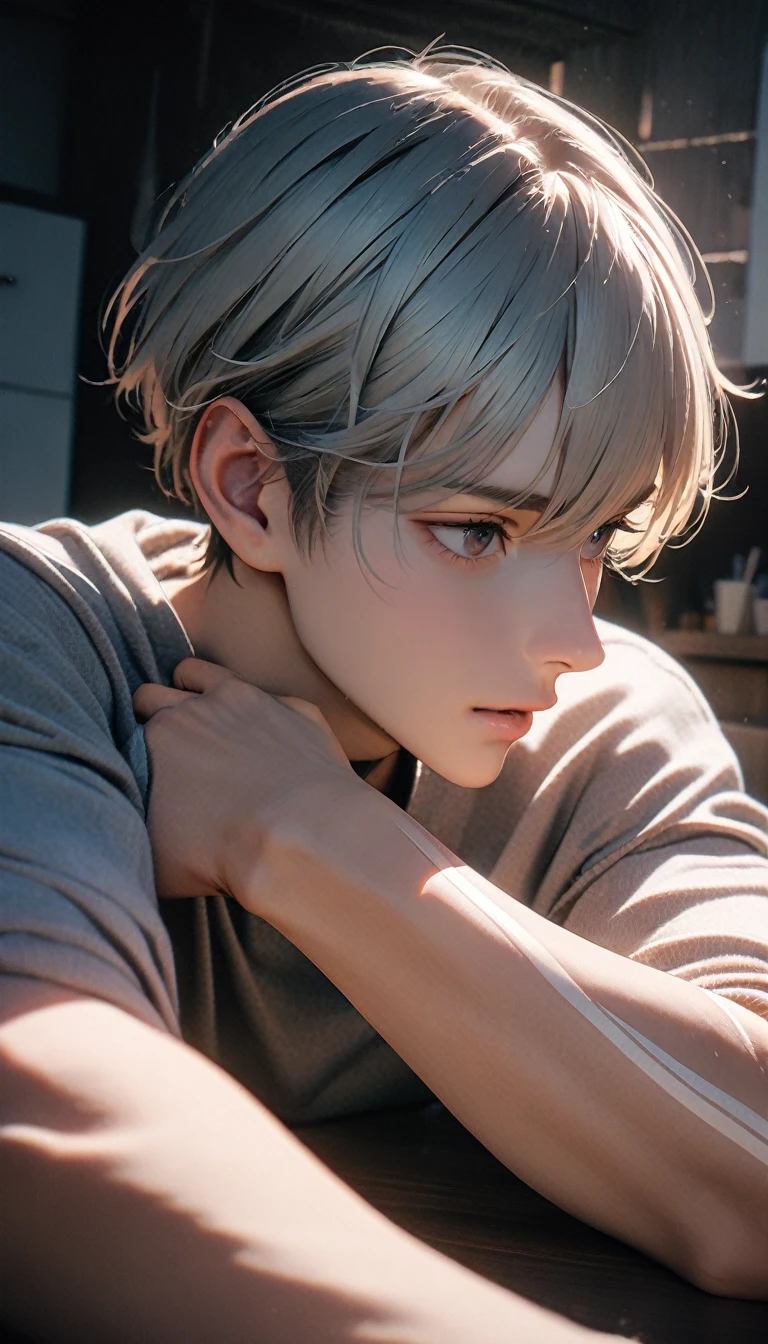 (8K, RAW photos, best quality, masterpiece: 1.4), (((Boy looking at his arm))),Ultra-high resolution, Extremely detailed, light, closeup of arms, handsome boy, black eyes, (delicate eyes, Eyes are bright:1.2), Gray short hair, Fair skin,dark, Grey sweatshirt, sweatshirt with hood,(perfect anatomy:1.2), High-quality shadows, Natural Lighting, (White highlights:1.2), night, cloudy day, (at home:1.2), (White lines on arms:1.2)
