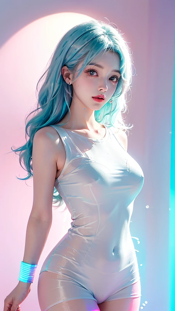 （masterpiece、best quality、high resolution），（Colored background，（Splash of Color）），Sweet girl，Light blue and white medium length hair，[Light Blue|Pink big breasts]hair，curls，shiny，Red pink lips，The crack is relatively large，(Splash of Color，(Short white tights body fetish:0.8,Volumetric Lighting，Upper Body