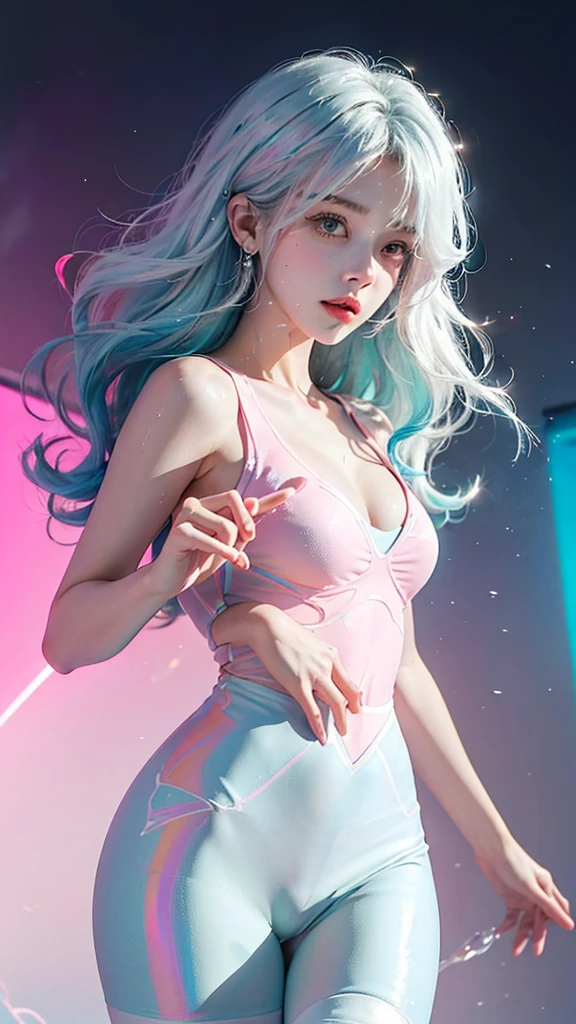 （masterpiece、best quality、high resolution），（Colored background，（Splash of Color）），Sweet girl，Light blue and white medium length hair，[Light Blue|Pink big breasts]hair，curls，shiny，Red pink lips，The crack is relatively large，(Splash of Color，(Short white tights body fetish:0.8,Volumetric Lighting，Upper Body