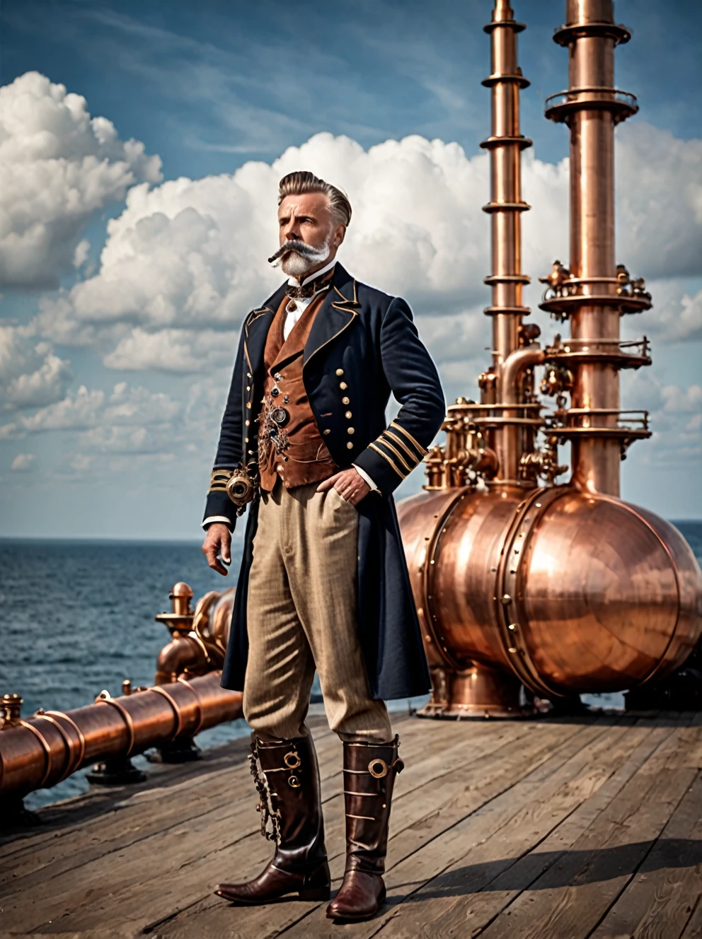 photo focus on male focus, outdoors by the sea, realistic scenery, (captain nemo:1.1), cloud buster, cluster of copper pipes pointing to the sky , steampunk nautilus-style. very wide shot, character photo portrait, film, professional,
