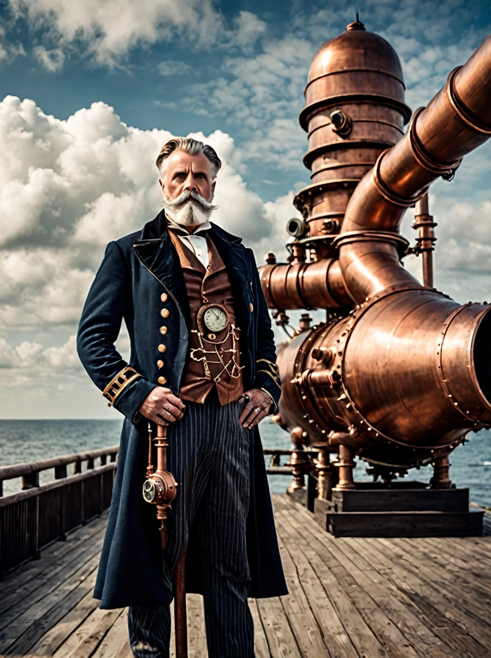 photo focus on male focus, outdoors by the sea, realistic scenery, (captain nemo:1.1), cloud buster, cluster of copper pipes pointing to the sky , steampunk nautilus-style. very wide shot, character photo portrait, film, professional,