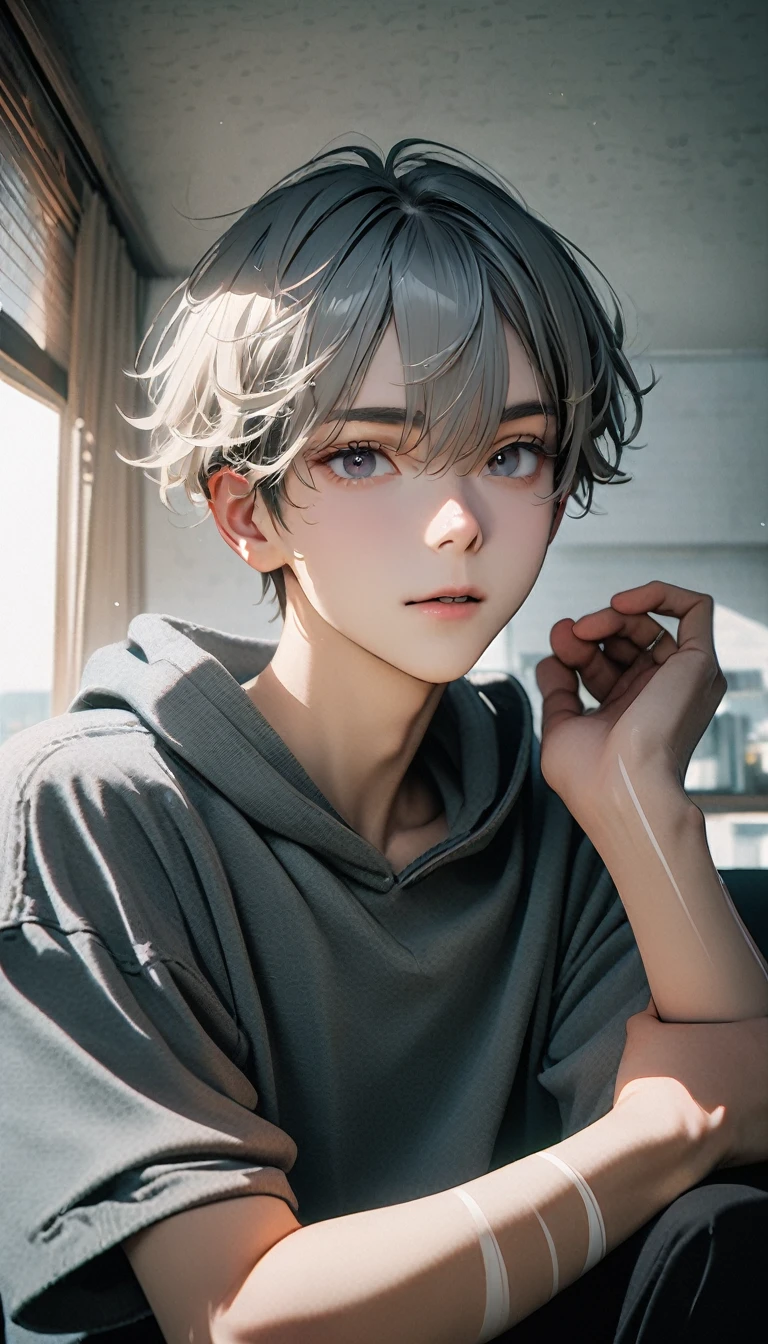 (8K, RAW photos, best quality, masterpiece: 1.4), (((Boy looking at his arm))),Ultra-high resolution, Extremely detailed, light, closeup of arms, handsome boy, black eyes, (delicate eyes, Eyes are bright:1.2), Gray short hair, Fair skin,dark, Grey sweatshirt, sweatshirt with hood,(perfect anatomy:1.2), High-quality shadows, Natural Lighting, (White highlights:1.2), night, cloudy day, (at home:1.2), (White lines on arms:1.2)