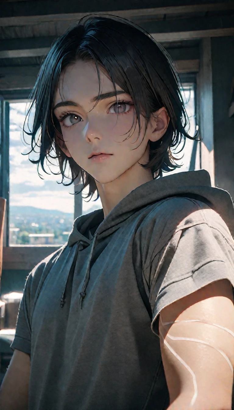 (8K, RAW photos, best quality, masterpiece: 1.4), (((Boy looking at his arm))),Ultra-high resolution, Extremely detailed, light, closeup of arms, handsome boy, black eyes, (delicate eyes, Eyes are bright:1.2), Gray short hair, Fair skin,dark, Grey sweatshirt, sweatshirt with hood,(perfect anatomy:1.2), High-quality shadows, Natural Lighting, (White highlights:1.2), night, cloudy day, (at home:1.2), (White lines on arms:1.2)
