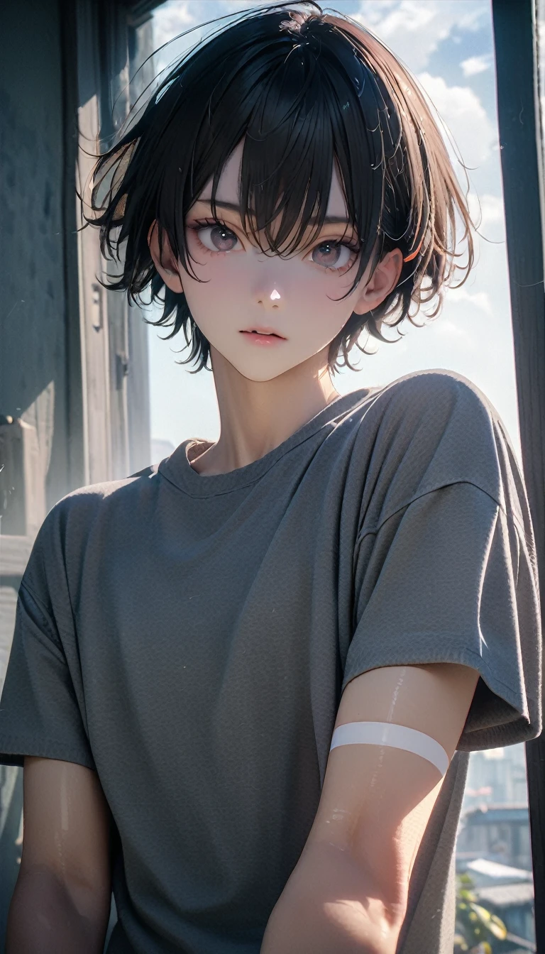 (8K, RAW photos, best quality, masterpiece: 1.4), (((Boy looking at his arm)))，Ultra-high resolution, Extremely detailed, light, closeup of arms, handsome boy, black eyes, (delicate eyes, Eyes are bright:1.2), Gray short hair, Fair skin,dark, Grey sweatshirt, sweatshirt with hood,(perfect ???????:1.2), High-quality shadows, Natural Lighting, (White highlights:1.2), night, cloudy day, (at home:1.2), (White lines on arms:1.2)