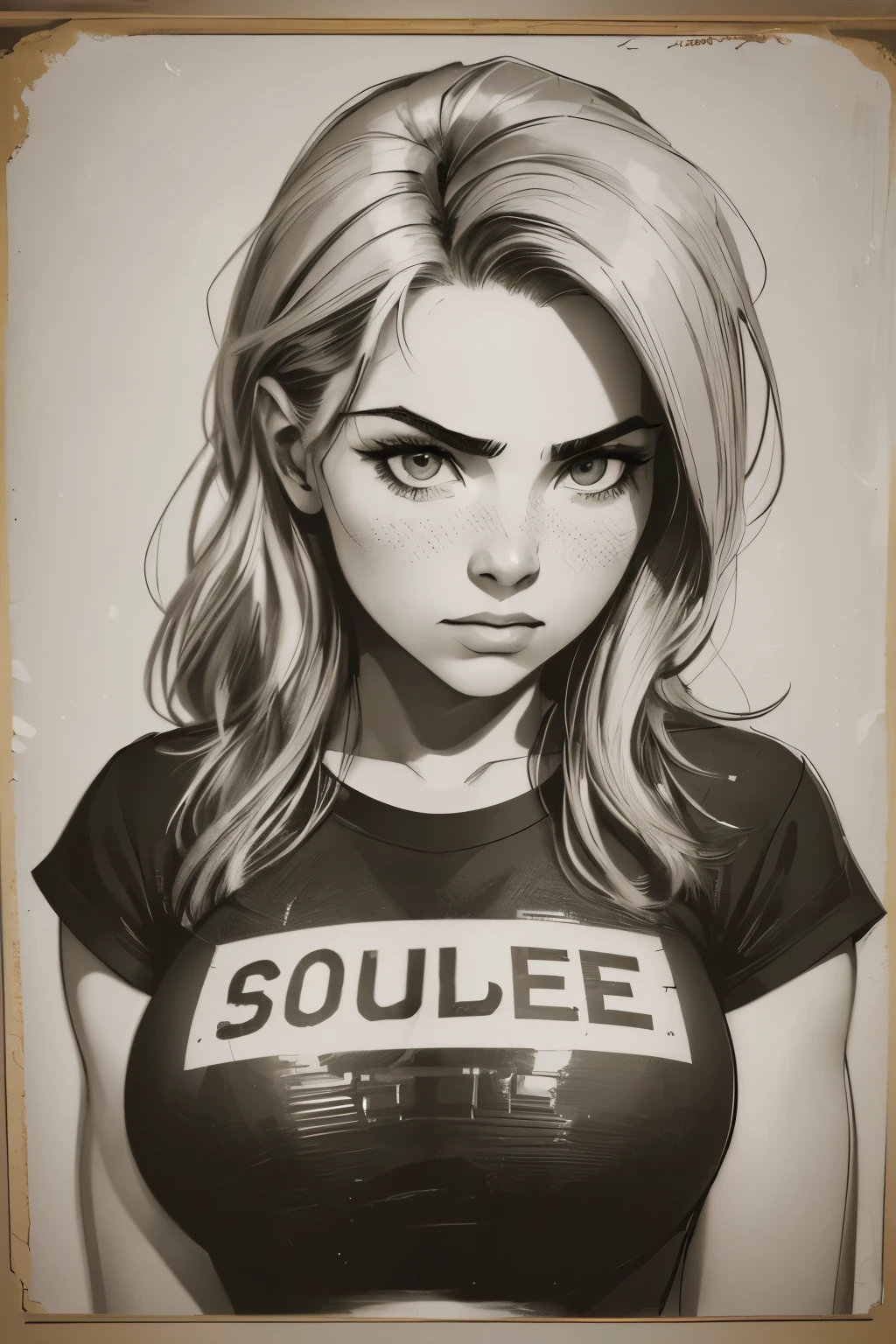 A girl in a mugshot, sketch, black and white, detailed features, vintage style, high contrast lighting, expressive eyes, tousled hair. (best quality, highres, realistic:1.37), vintage, monochrome, intense gaze, dramatic lighting, rugged background, distressed paper texture, retro vibes, id photo, front view