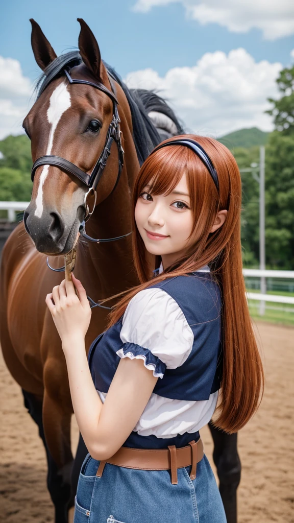 One girl, alone, umamusume, Horse Girl, Horse's ears, Horse tail, Brown eyes, Brown Hair, Long Hair, A light smile, earrings, Frilled Skirt, Green Skirt, High Waist Skirt, Puff short sleeves, thin, thin, (Japanese:0.8)