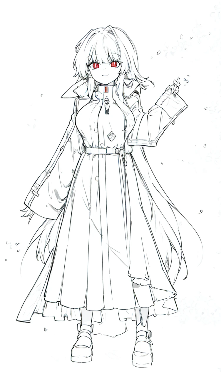Coat fashion,black hair, red eye ,red inner hair ,full body,smile
