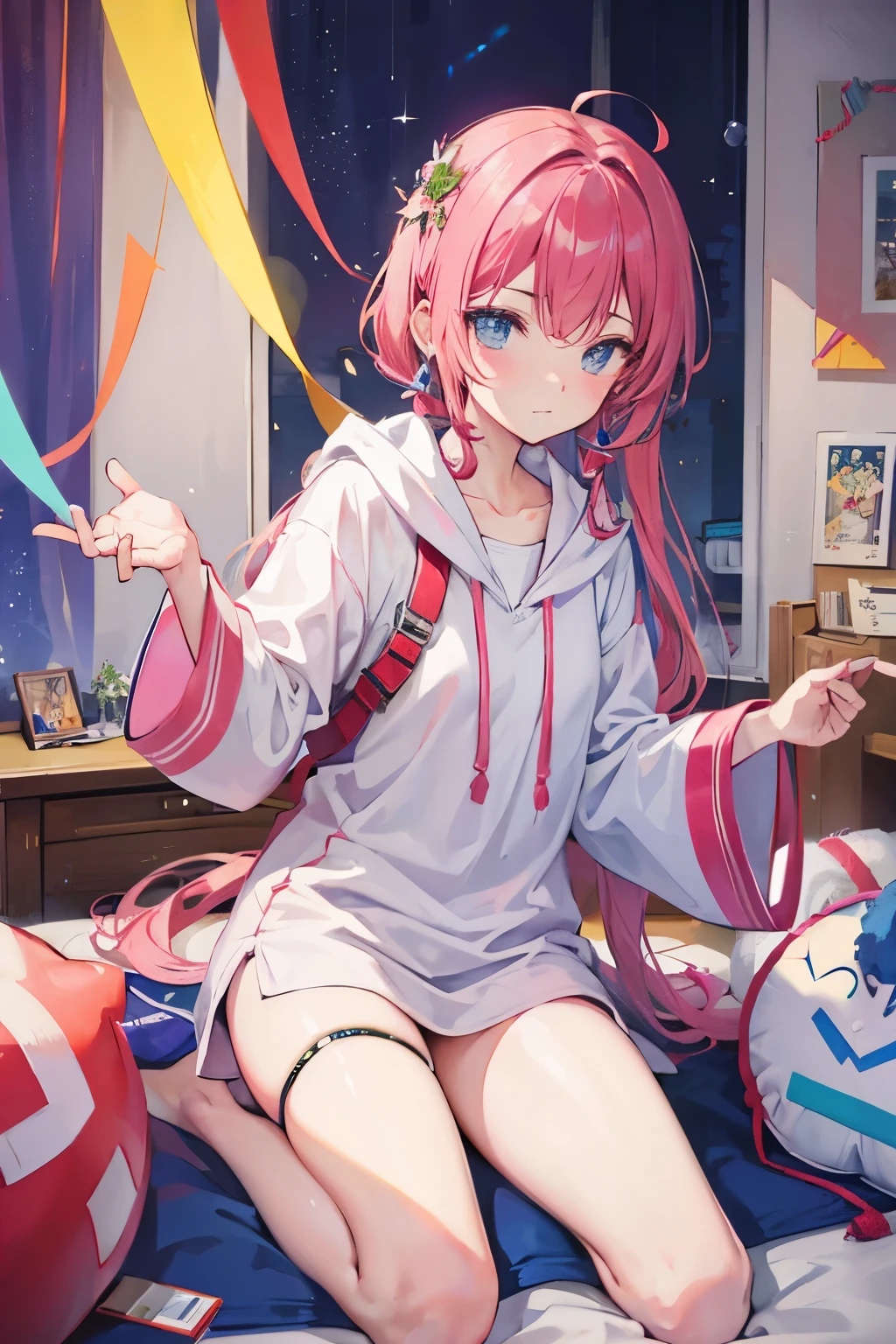 boy, fair-haired, is in his room which looks like a streamer's room, to his left is a gaming chair and a table with a modern PC, looks at us, smiling