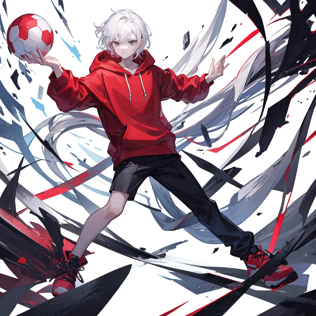 A man wearing a red hoodie with cool white hair and holding a large ball in his hand, full body, plain white background
