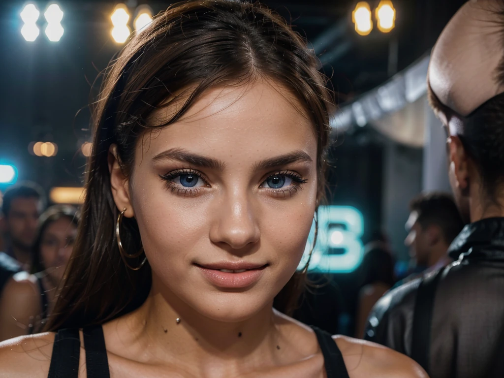 woman 24 years old, bruenette, realistic appearence, only one person, anatomically correct, sporty, size 165cm, light brown skin, realistic skin, italian, summer, middle blue eyes, beauty eyelashes, natural makeup, smile, charmant, in a nightclub, fancy, dancing, energy, neonlight, in a crowd, sweating, seeking attention, party outfit concentrated super detail, high details, high quality, highres, accurate, retina, brilliant colors, Cinematic Light,