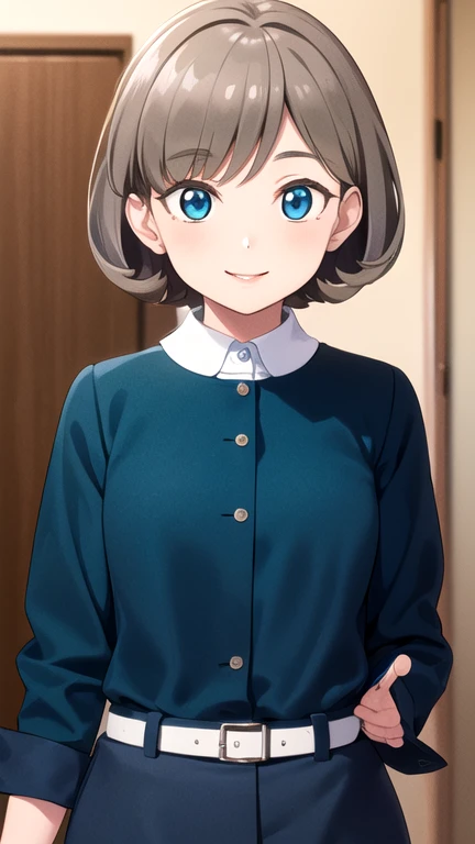 ((masterpiece)), (best quality), official art, extremely detailed CG, unity 8k wallpaper, ultra detailed, 
1girl, tang keke, gray hair, short hair, blue eyes, parted lips, smile, closed mouth, medium breast, school unifrom, 
blue jacket, grey dress, belt, 