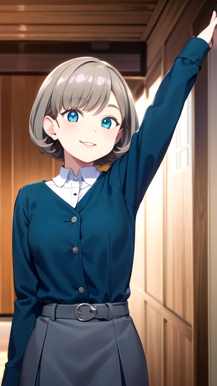 ((masterpiece)), (best quality), official art, extremely detailed CG, unity 8k wallpaper, ultra detailed, 
1girl, tang keke, gray hair, short hair, blue eyes, parted lips, smile, closed mouth, medium breast, school unifrom, 
blue jacket, grey dress, belt, 