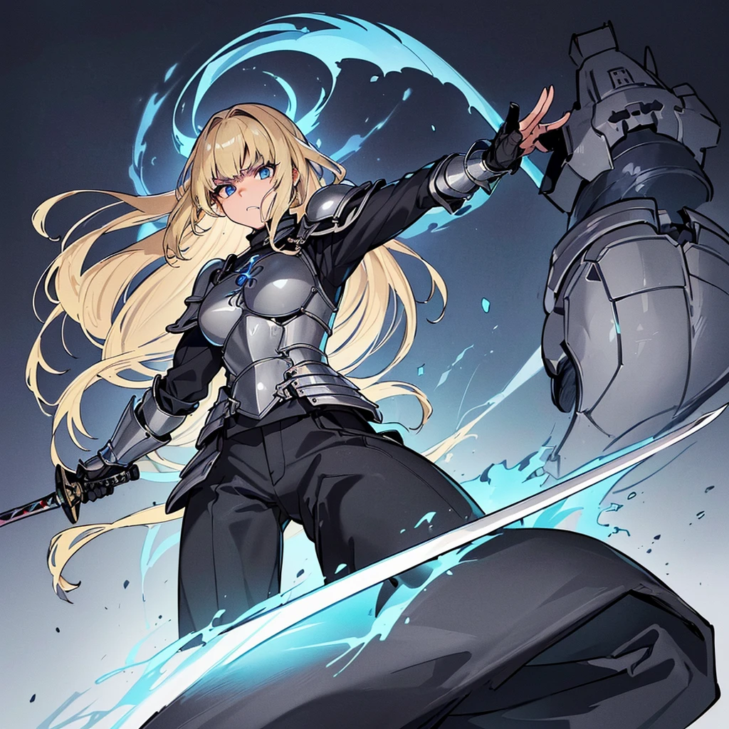 (((Solo)))、(Full body character concept)、Highest quality, Best Quality、(((Gray simple armor、Black trousers))、(woman、18-year-old)、(Blonde、Long Hair)、(Simple Background)、(get annoyed、Grit your teeth)、(From below)、Glowing blue aura、(Grab the sword、Ready your sword)、Movement angle、(斜めFrom below)