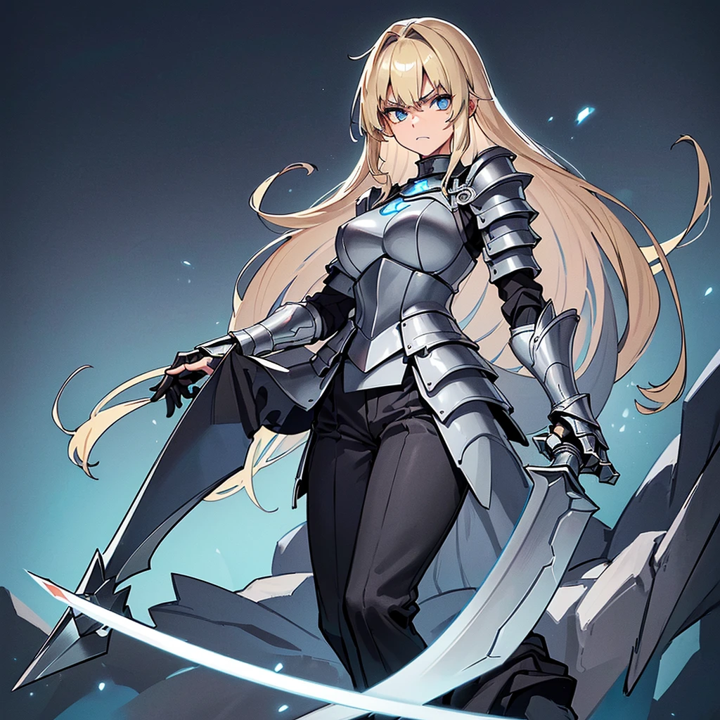 (((Solo)))、(Full body character concept)、Highest quality, Best Quality、(((Gray simple armor、Black trousers))、(woman、18-year-old)、(Blonde、Long Hair)、(Simple Background)、(get annoyed、Grit your teeth)、(From below)、Glowing blue aura、(Grab the sword、Ready your sword)、Movement angle、(斜めFrom below)