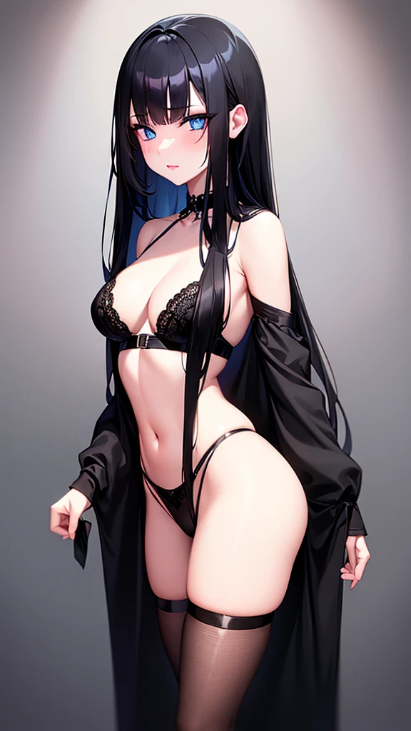 A girl with long black hair and blue eyes with makeup, full lips while wears black lingerie