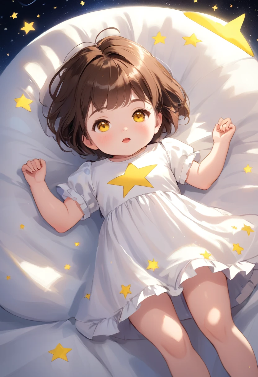 1 little baby girl, alone, looking at the viewer, blushing, short hair, mouth, brown hair, white dress, yellow eyes, short sleeves, lying down, on her back, star \(symbol\), white dress At night,