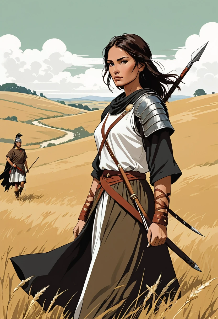 contraste élevé, minimaliste, coloré en noir et blanc sale, rigide, Spectaculaire, illustration de roman graphique, hachures croisées, guerre des séminoles, tenues traditionnelles, champs terrestres, elegant, sage, beautiful native, VERY brown, woman, looking sideway, with a crooked nose.