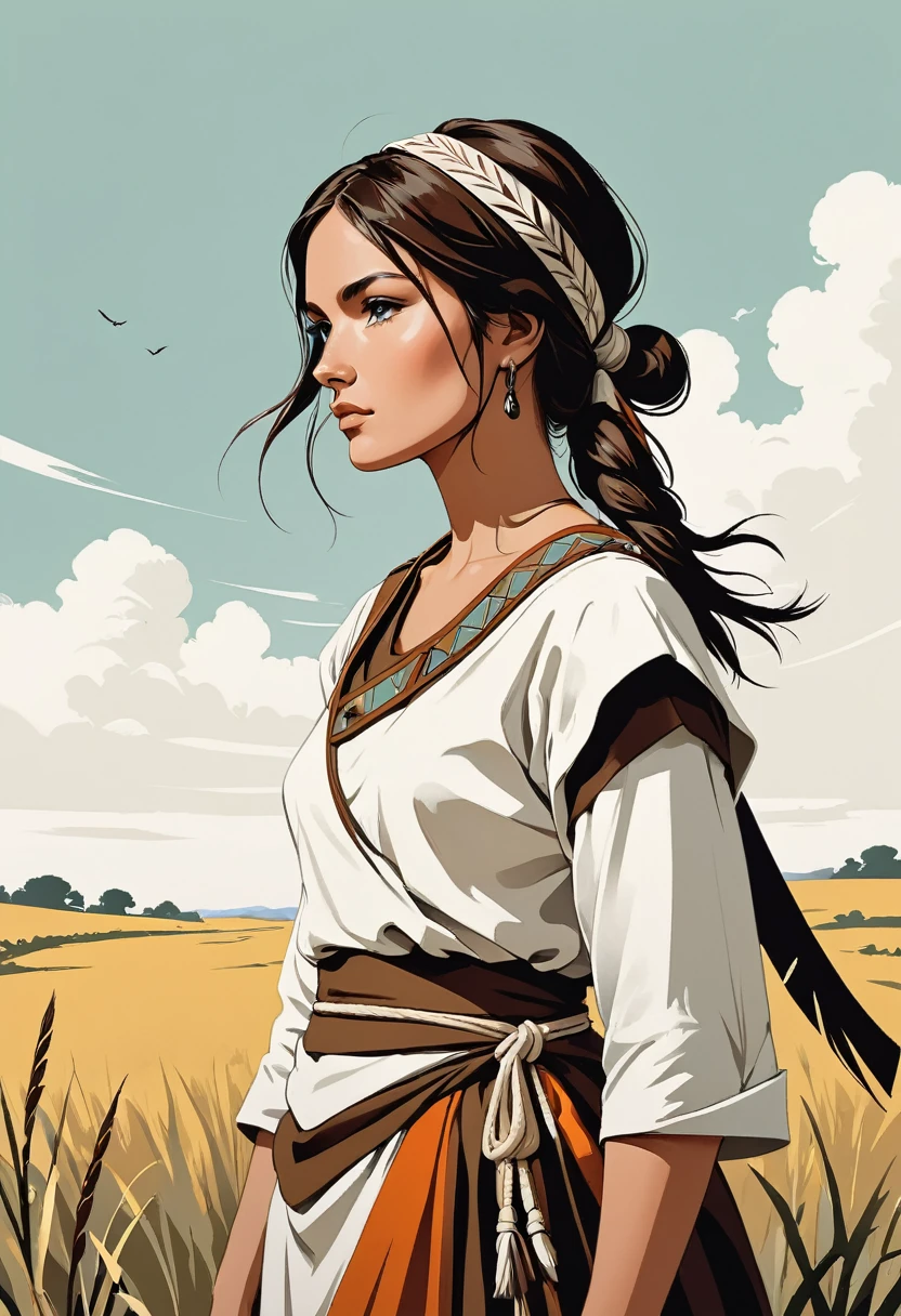 contraste élevé, minimaliste, coloré en noir et blanc sale, rigide, Spectaculaire, illustration de roman graphique, hachures croisées, guerre des séminoles, tenues traditionnelles, champs terrestres, elegant, sage, beautiful native, VERY brown, woman, looking sideway, with a crooked nose.