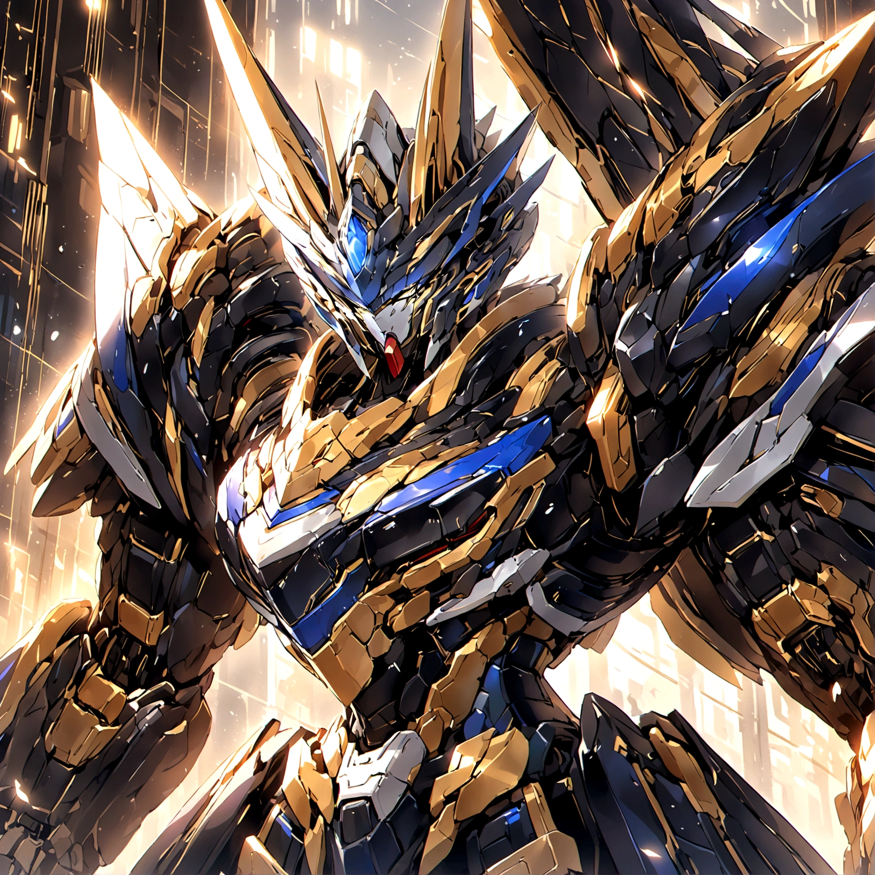 a large blue and gold wolf looking mecha
