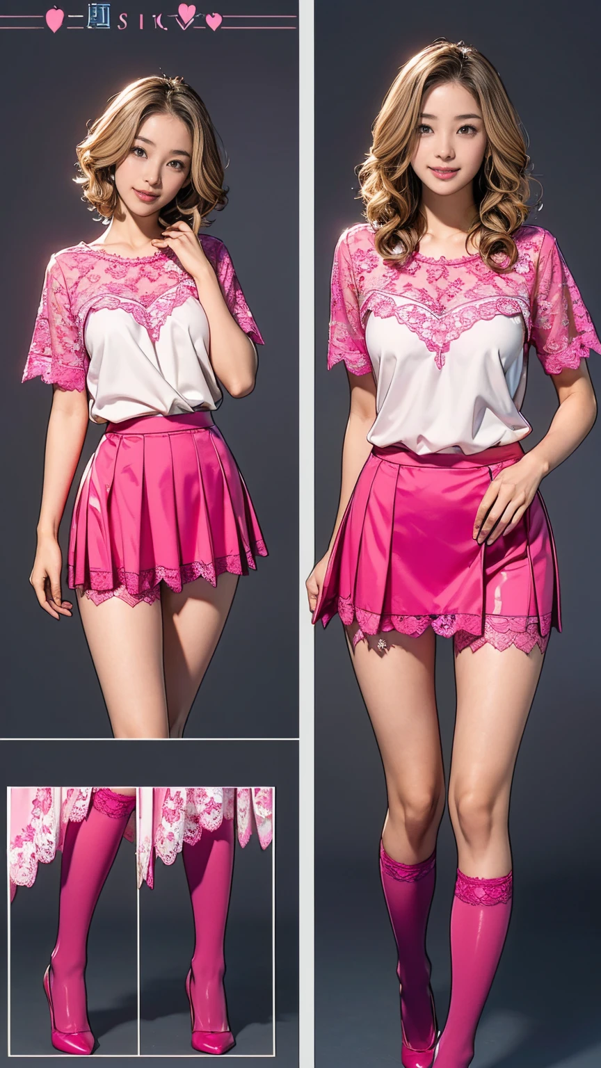 ((masterpiece)),(((Highest quality))),((Character design sheet)),Thin thighs,Long legs,A very cute 20 year old young woman from Japan.., ((Thin hair that is somewhere between brown and blonde)), ((Short hair with side waves)),Medium bust size、(Curly Hair),(((A very kind smile))), (((She wears pink, Red and magenta lace panties))),(((Wearing a black tight skirt, but、it is'turned over in her hands.))),(((He is wearing a black and white striped shirt.。))) Highly detailed lips, Beautiful Eyes, City Street,