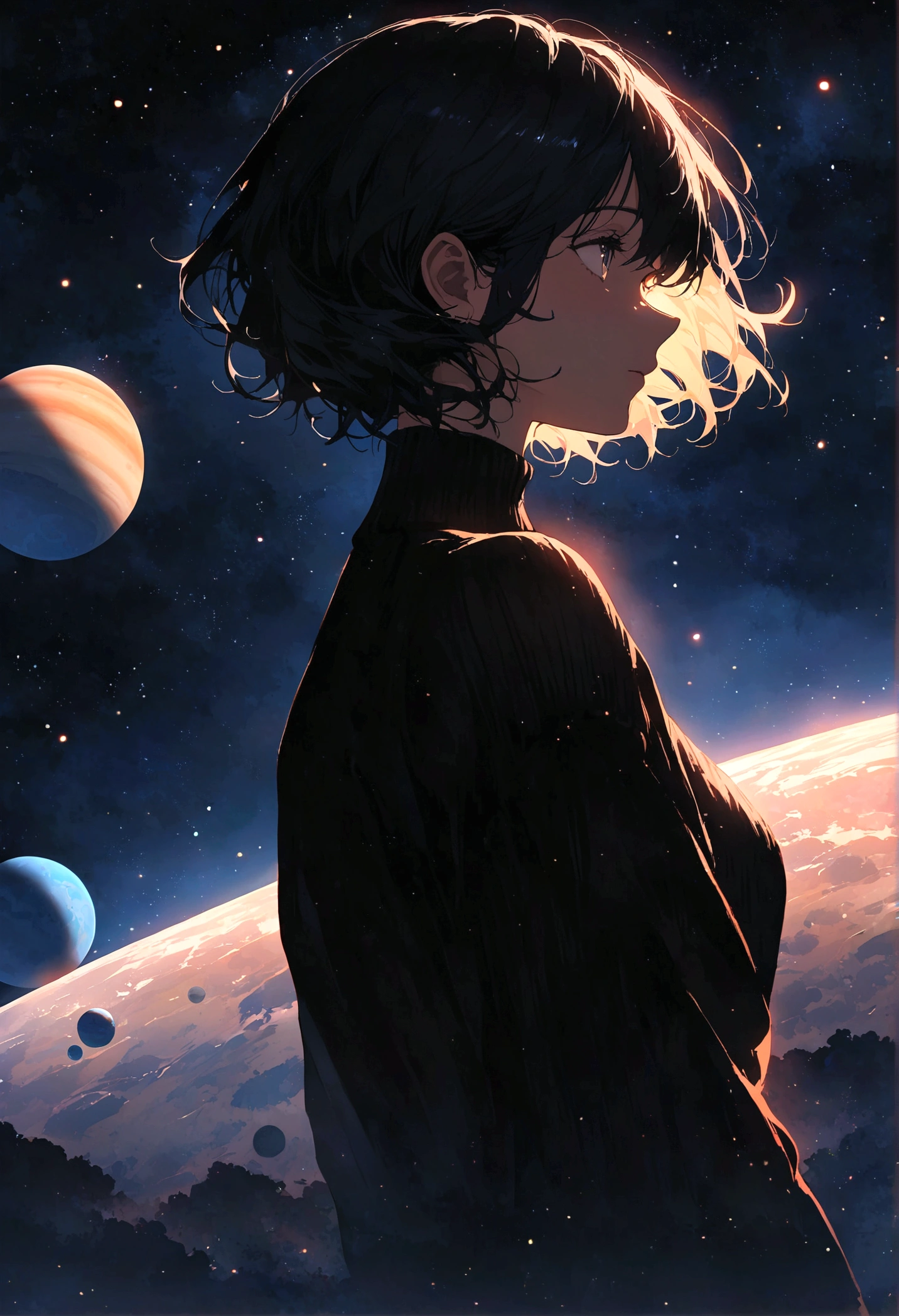 silhouette, light particles, Sky, it's night, the night is full of stars, there are planets in the sky, bright colors, Incredible details, tanned, black sweater,