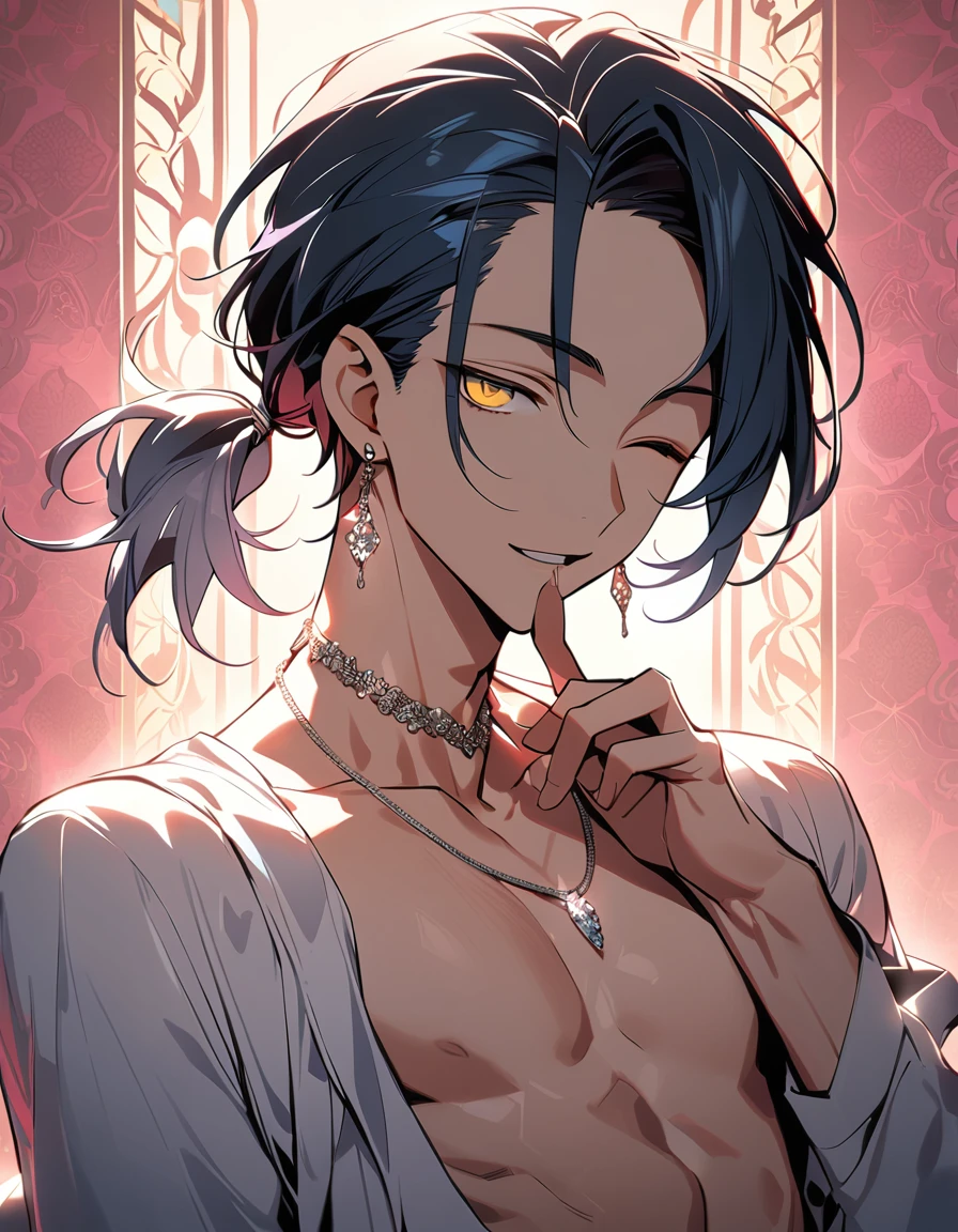 ((((best masterpiece, best quality, wallpaper,)))) solo, guy, male body, small muscles, flat chest, 1male, 30 years old, handsome man, dramatic angle, upper body, looking at viewers, beautiful detailed, finger to mouth, mediumturquoise hair, ((((Lower short ponytail)))), asymmetrical bangs, ((short hair,)) seductive smile, ((( one eye closed, gold eyes,))) (((^o^, tareme, droopy eyes,))) perfect face, sharp nose, seductive smile, clear face, open shirt, ((silver earrings, silver necklace,)) leggings, lighting back, backlighting, pink background color ultrasharp, 8K, masterpiece,