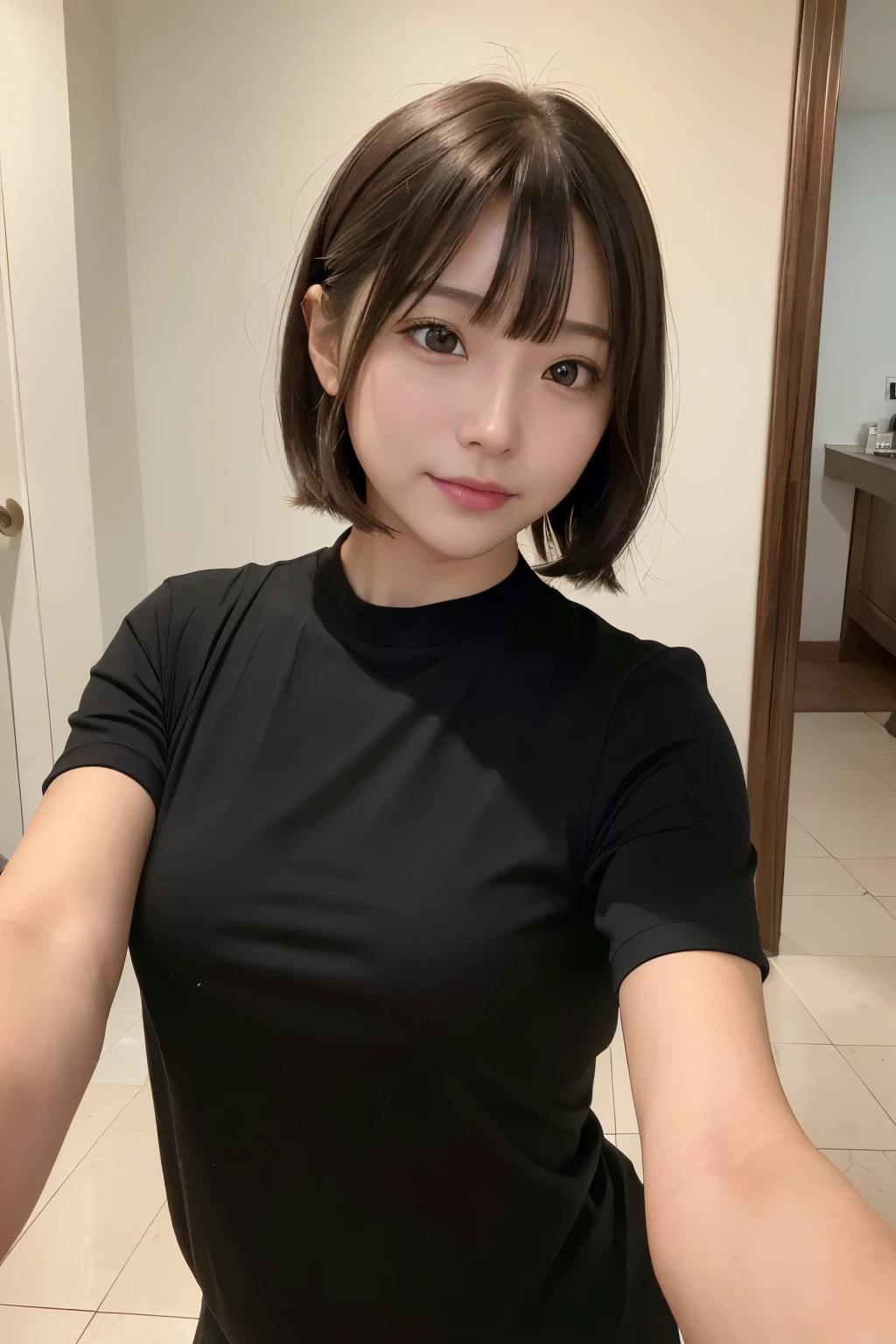 (8K, Raw photography, best quality, masterpiece, realisitic, photo-realsitic:1.3), clear, professional lighting, beautiful face, best, ultra high res,ultra detailed, a japanese married woman, 29-years-old, Balanced build, Curvy Body, (tiny Height:1.3), (Blunt Bangs:1.2), medium hair, Brown hair, average breast, (round face:1.3), , beautifull detailed face, (no-makeup look:1.5), Beautiful detailed skin, Skin Texture, captures (selfie:1.8) with a shy smile, in kitchen, she wears black T-shirt.