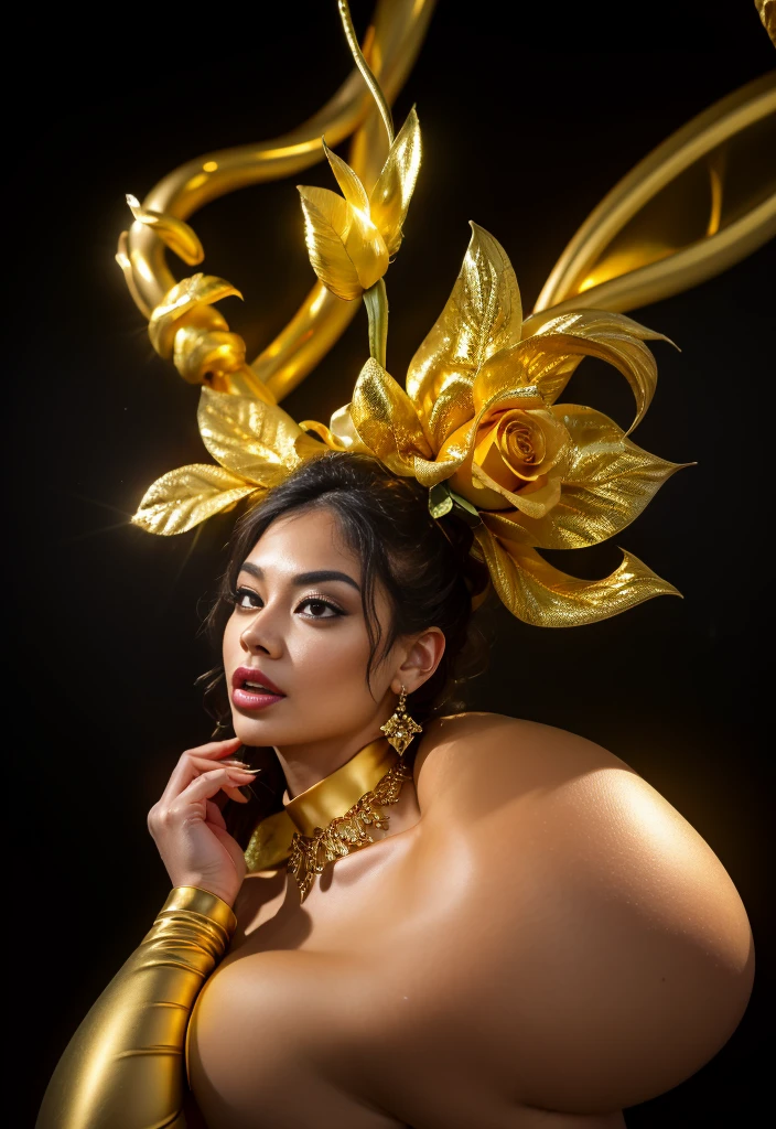 Create a bud of dark gray and gold roses filled with yellow light emanating all around