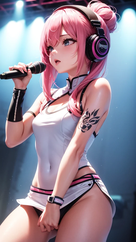 1_girl, masterpiece, woman 4, dynamic, kpop IDOL, promotional photo, shout, face close,, hustle, impressive eyes, fine skin texture, confident lol, overhead view, strabismus, strabismus, strabismus, high resolution, profoto, street corner, , pink, spotlight, rock singer, rainbow hair,, navel, straight pink hair, Headphones, Long Hair, skull arm tattoo, Tattoo, wearing a white cheongsam, on stage background