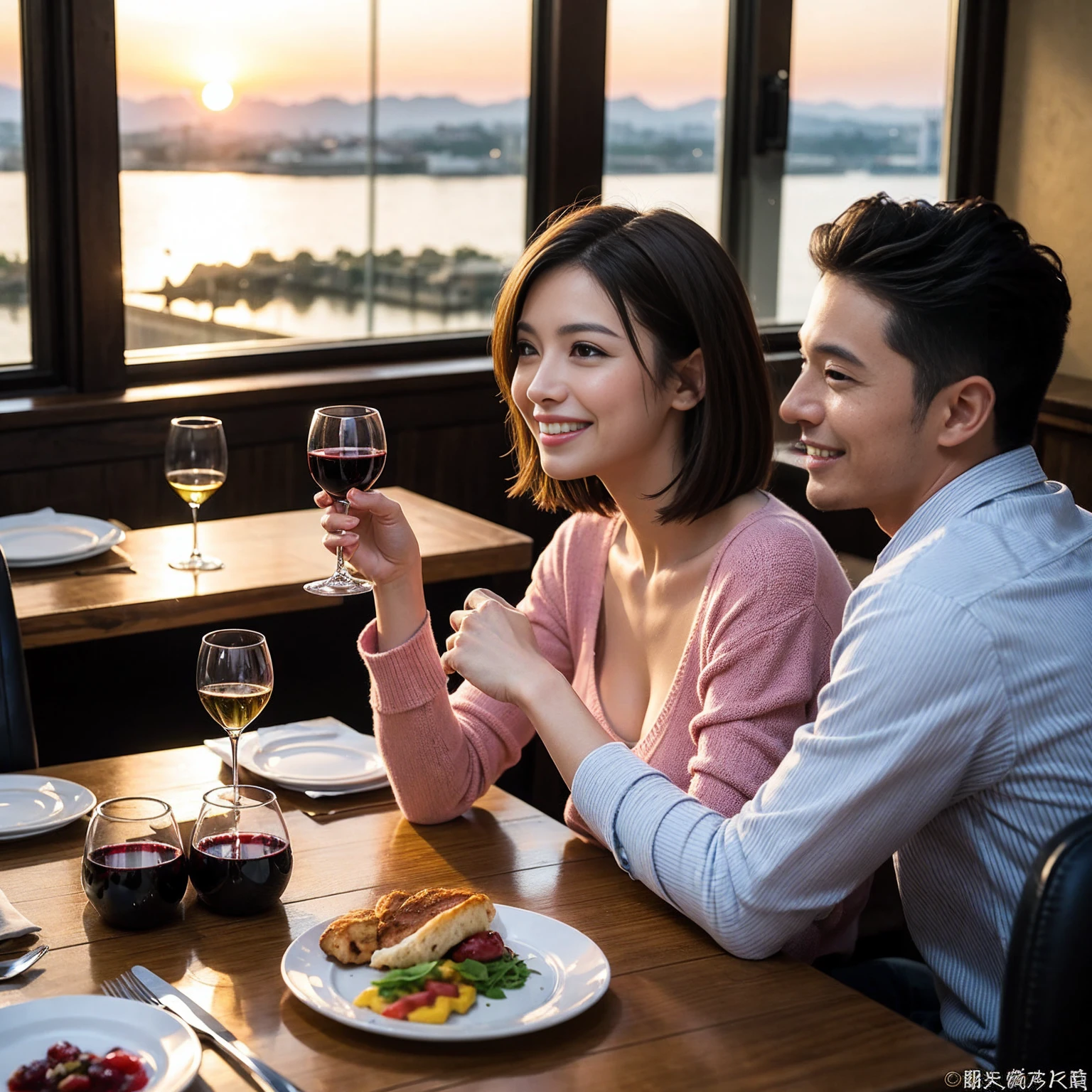 ((Highest quality、8K、masterpiece:1.3))、 (Genuineistic, Genuine、Bright image、Intricate details:1.2), 最高のsmile、1 male 1 female、Beautiful couple、Lovey-dovey lovers、Happy Yokohama Lovers、、Good friends、actress couple、smile、Full-course dinner at a packed table、 (Slim face), (the body is slim), (Brown Hair), (short hair), テーブルのwine glass、Please shine a light on my face、 Amazing view of the sunset sky and clouds、42 years old 39 years old, red wine 、Appetizers、Wine bottle、sparkling wine、Long sleeve shirt、dress、White wine, red wine, wine glass, 