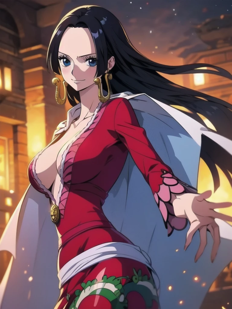 Masterpiece, Boa Hancock from One Piece, detailed face, beautiful blue eyes, small smile, wears earrings; big breasts, cleavage, loose and stylized hair, long beautiful hair, wears Boa Hancock earrings, (wears a red dress), (wears a white cape), has cleavage, bare abdomen, battle pose. The art style should resemble a captivating anime style. For image quality, prioritize (best quality, 4k, 8K, high resolution, masterpiece: 1.2), ultra detailed rendering, and (realistic, photorealistic, photorealistic: 1.37). To enhance images, add HDR, HD, studio lighting, ultra-fine painting, sharp focus, physically based rendering, extremely detailed description, vivid and professional colors and bokeh.