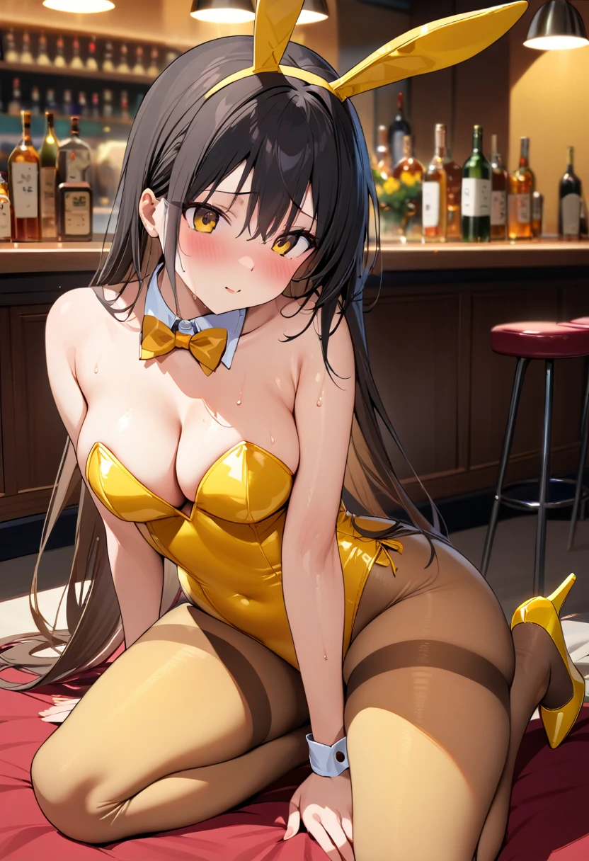 ((masterpiece)), Highest quality, Very detailed,(One Girl), Kotegawa Yui、 Long Hair,Beautiful background ,Completely ?????,  ?????, Bent body,Lie in, Look to the side, Worried face, Female ???????? in full view, Drunk look, Hot body、Sweaty、 Browsing Caution、Verbal invitation、In the heat、bow, animal ears, cleavage, ???? shoulders, pantyhose, bowtie, yellow footwear, rabbit ears, high heels, leotard, yellow pantyhose, strapless, yellow bow, detached collar, fake animal ears, playboy bunny, yellow leotard, strapless leotard, thighband pantyhose, yellow bowtie,