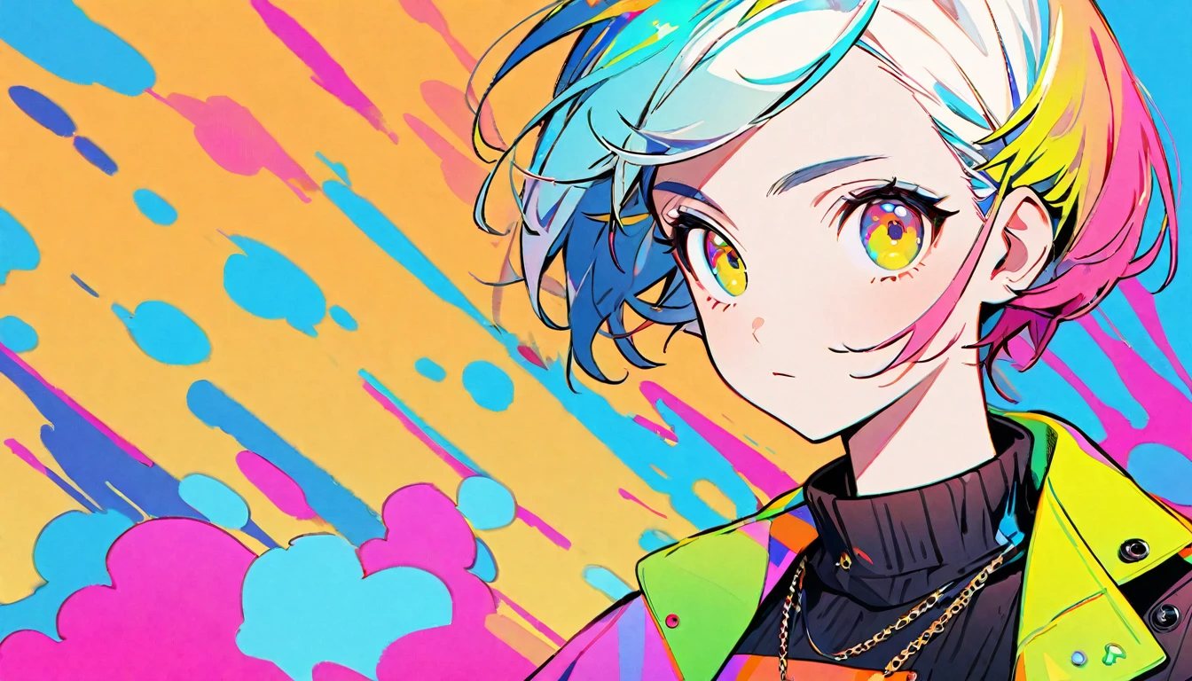 1girl, stylish, bright, boyish, colorful simple background, 8k