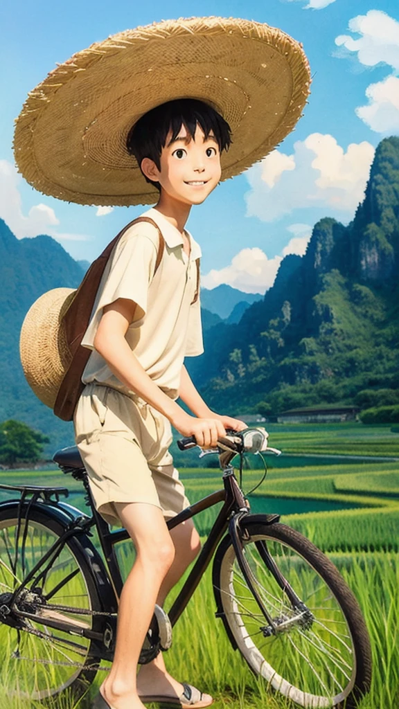 Ghibli-style painting　A boy riding a bicycle along a rice field road is wearing a straw hat