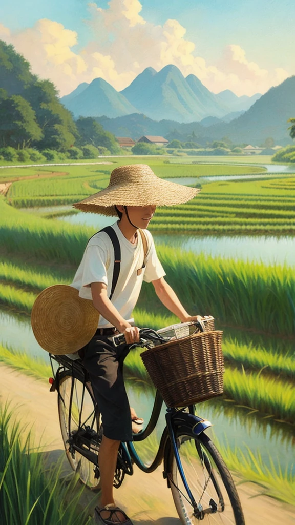 Ghibli-style painting A boy riding a bicycle along a rice field road is wearing a straw hat